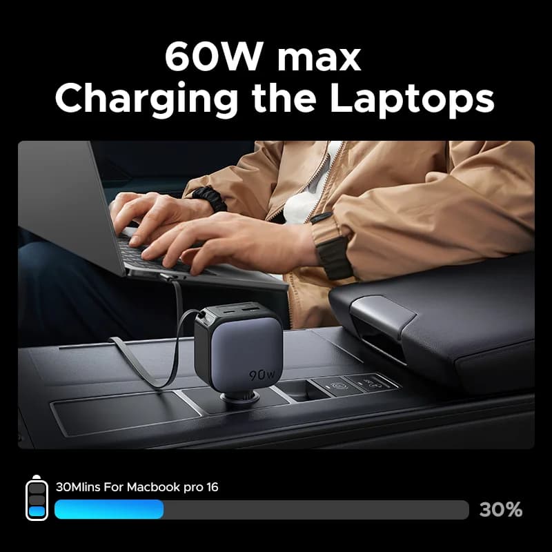 145W USB-C automašīnas lādētājs ar ievilināmu kabeli