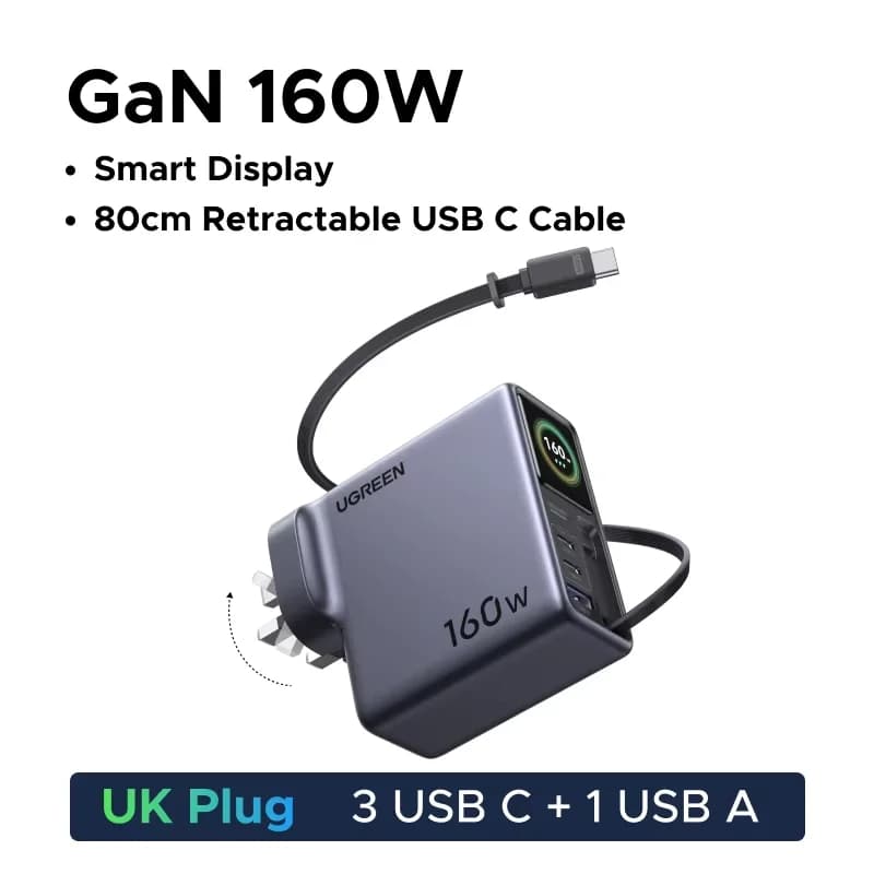 160W GaN lādētājs ar izvelkamu kabeli un displeju