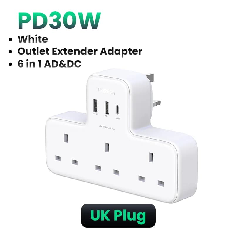 UK kontaktdakšas pagarinātājs ar rozetēm un adapteri