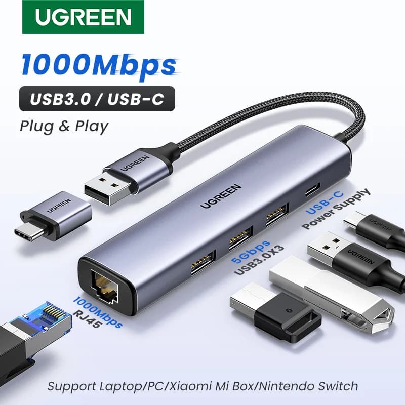USB-C Ethernet adapteris ar 1000Mbps RJ45 un USB hubu