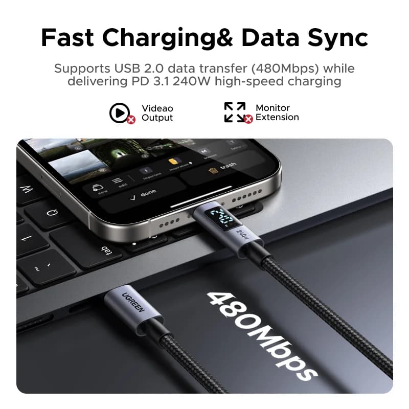 240W USB-C kabelis ar digitālo jaudas displeju