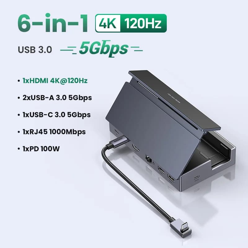 6-in-1 USB-C dokstacija, 4K HDMI, Ethernet