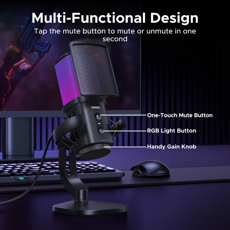 USB mikrofons ar pieskāriena klusināšanu un RGB apgaismojumu