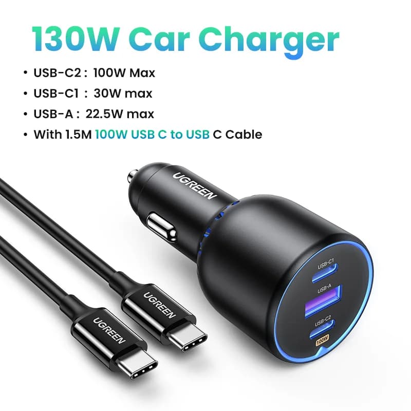 130W divu USB-C automašīnas lādētājs