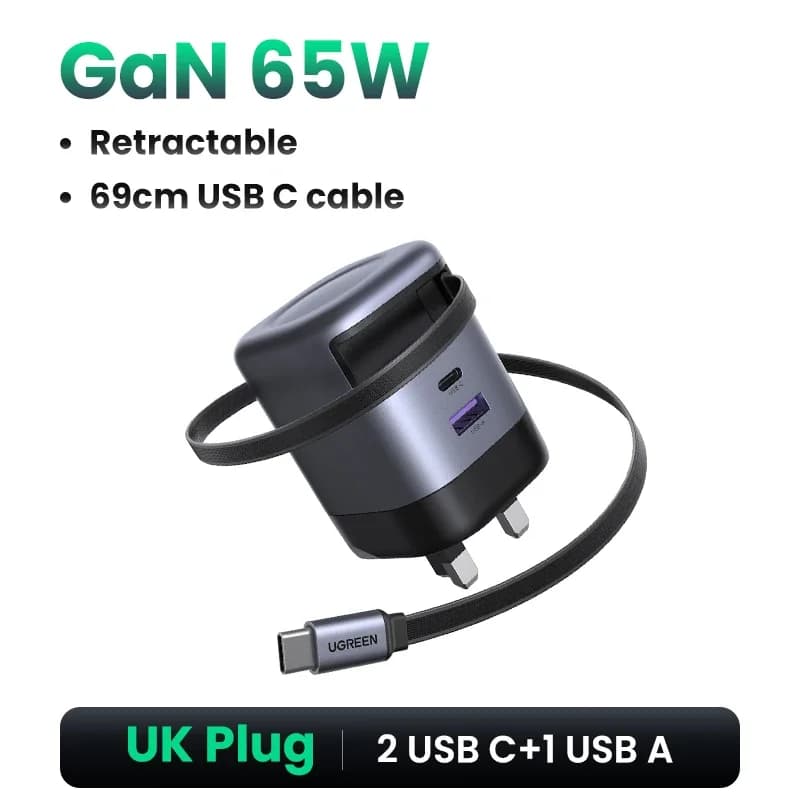 65W GaN lādētājs ar atvelkamu USB-C kabeli