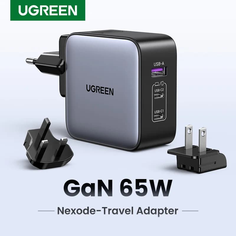 65W GaN ceļojuma adapteris ar US, EU, UK kontaktiem