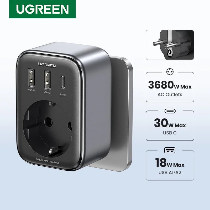 30W GaN PD lādētājs ar AC kontaktligzdām un USB portiem