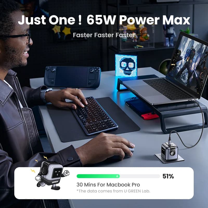 65W GaN USB-C ātrlādētājs ar Apvienotās Karalistes kontaktdakšu