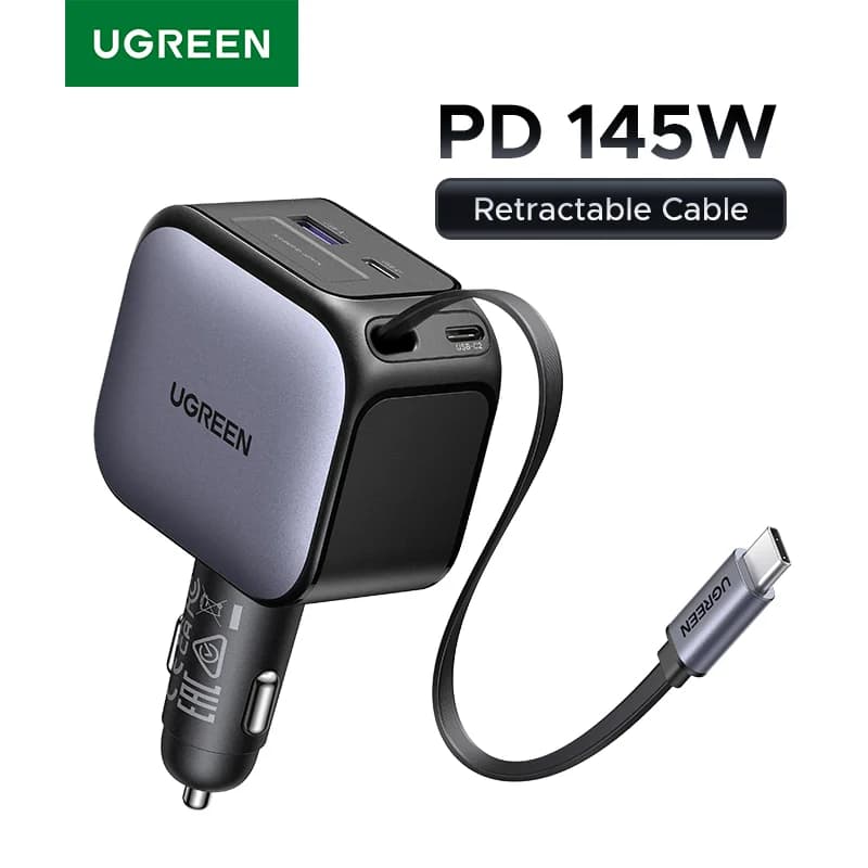 145W USB-C automašīnas lādētājs ar ievilināmu kabeli